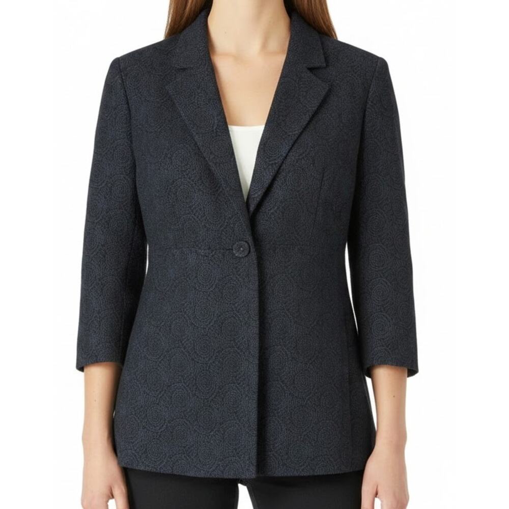 Eileen Fisher Black Embroidered Blue Swirl Wool Single Button Blazer Size XS - Picture 2 of 14